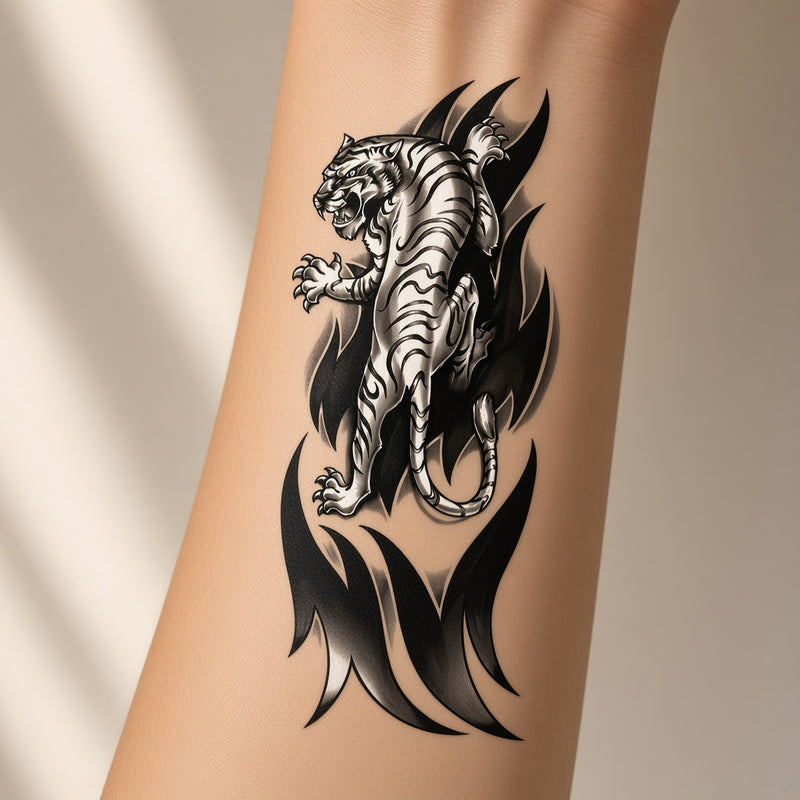 Mystic Noir Tiger temporary tattoo worn on the inner forearm