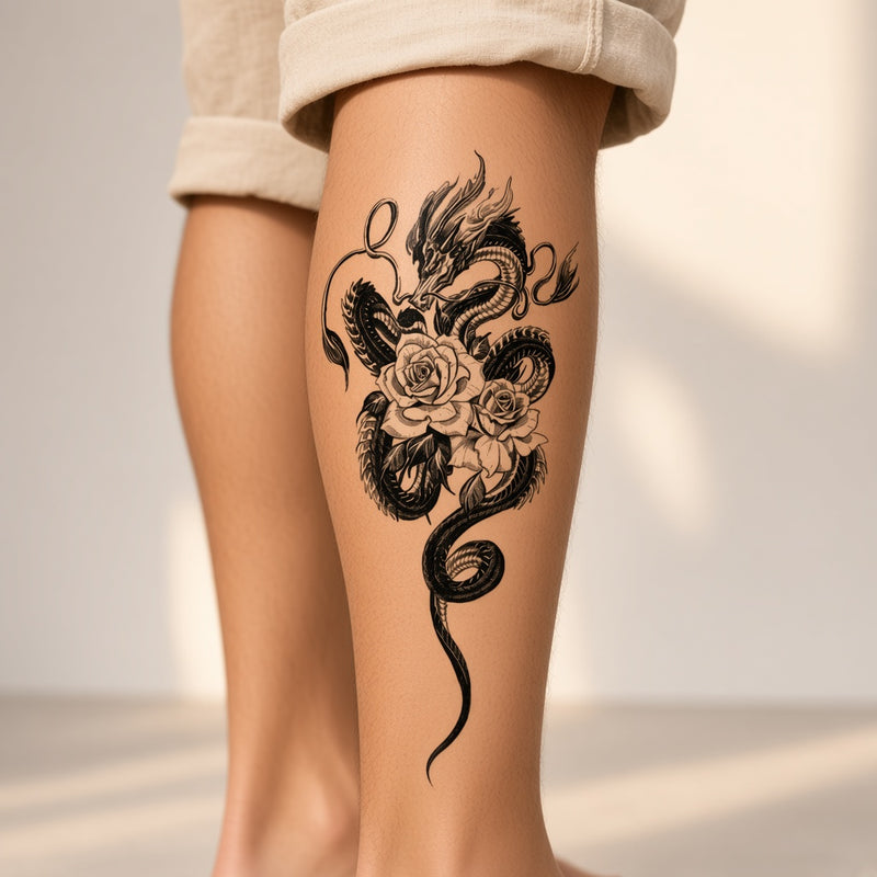 Midnight Flame Dragon temporary tattoo worn on the outer calf