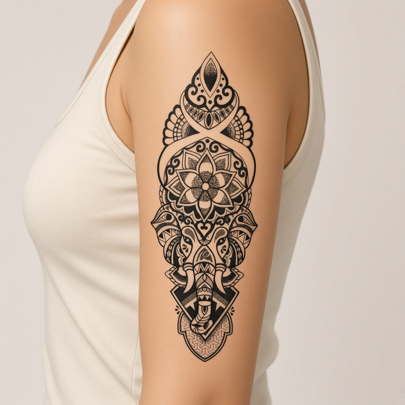 Hidden Halo Mandala & Elephant temporary tattoo worn on the outer upper arm
