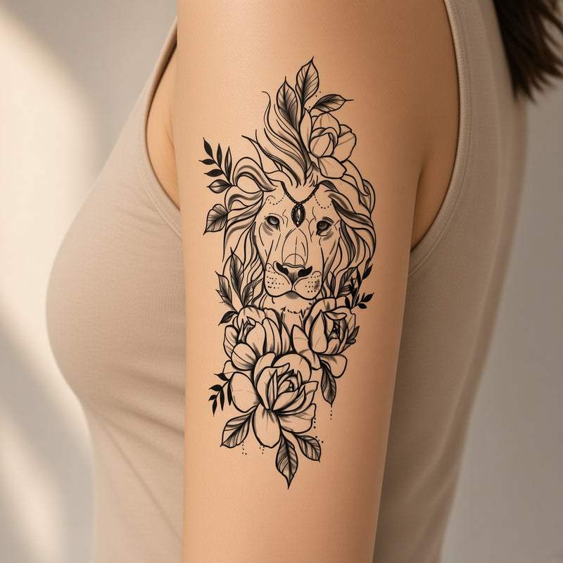 Sable Muse Lion & Flower & Floral temporary tattoo worn on the outer upper arm