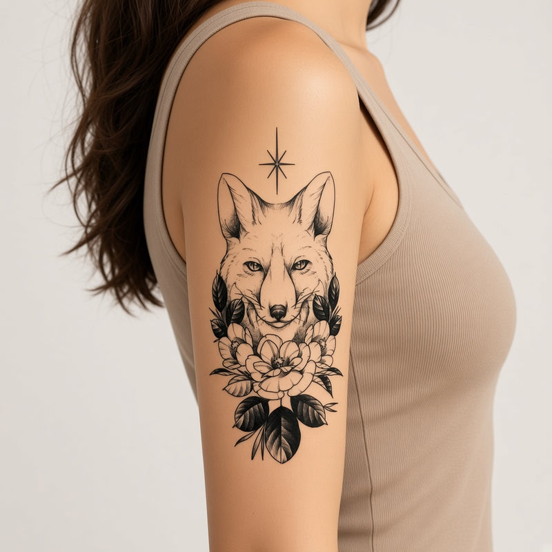 Solar Muse Fox temporary tattoo worn on the outer upper arm