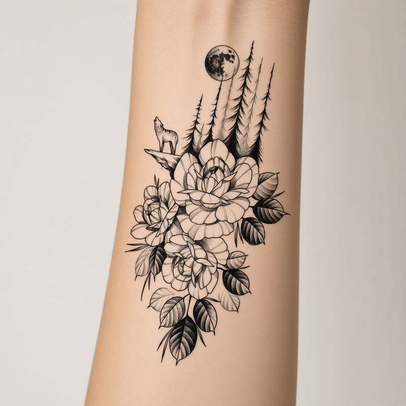 Cinder Arc Wolf & Flower & Floral temporary tattoo worn on the inner forearm