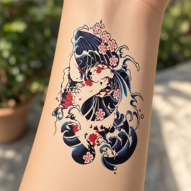 Koi and waves temporary tattoo worn on the forearm