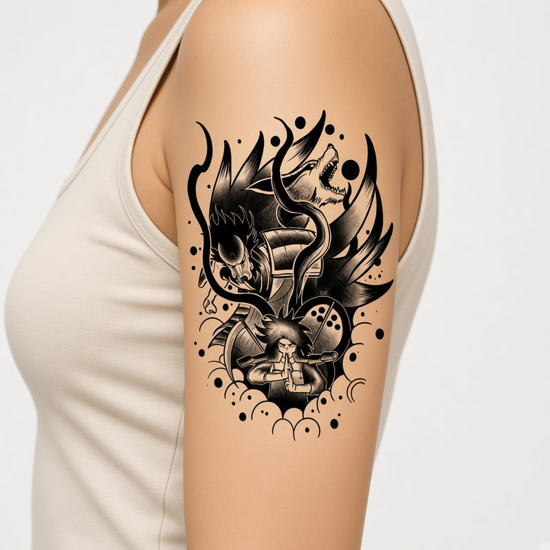 Cobalt Ritual Wolf temporary tattoo worn on the outer upper arm