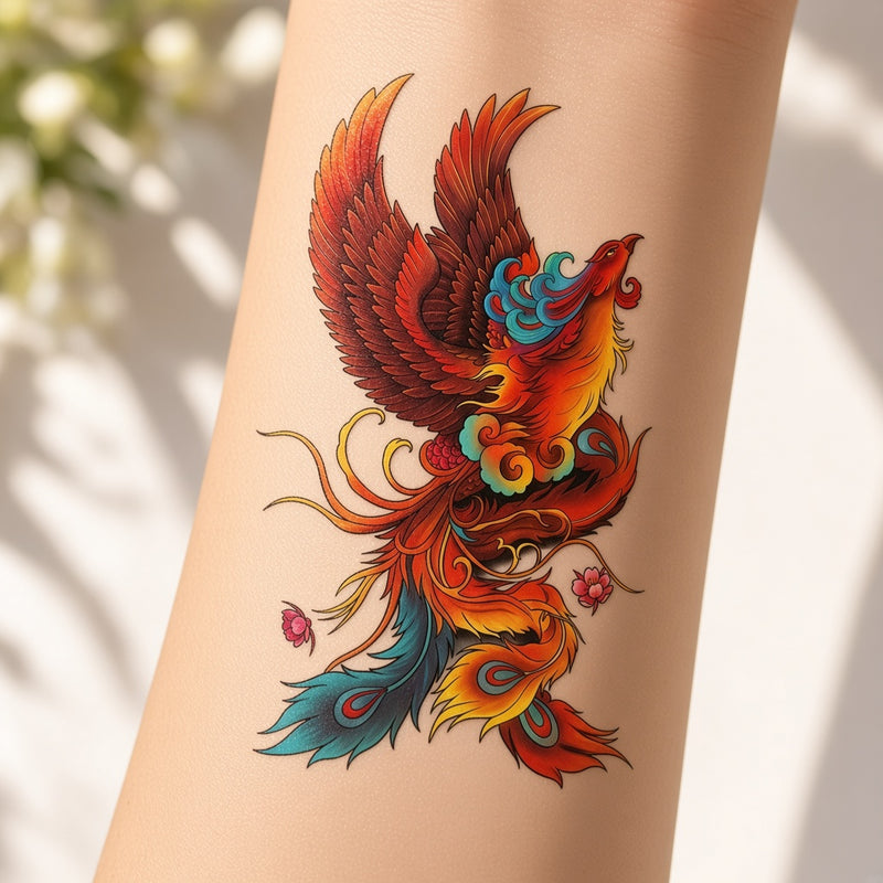 Phoenix temporary tattoo worn on the forearm