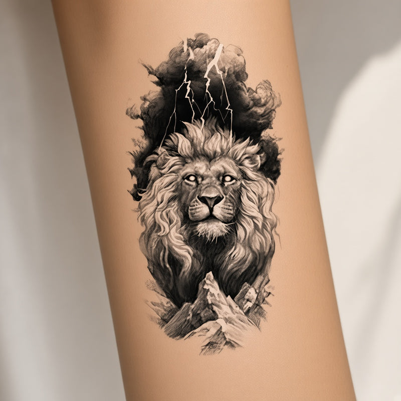 Storm Ritual Lion temporary tattoo worn on the inner forearm