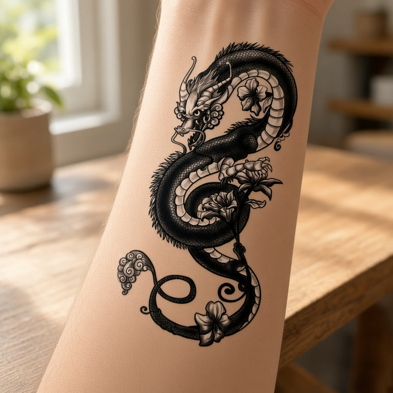 Black dragon and lilies temporary tattoo worn on the forearm
