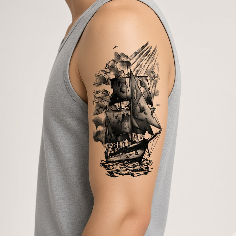 Winter Relic Boat temporary tattoo worn on the outer upper arm