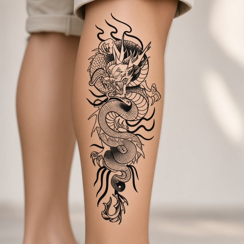Emberwake Dragon temporary tattoo worn on the outer calf