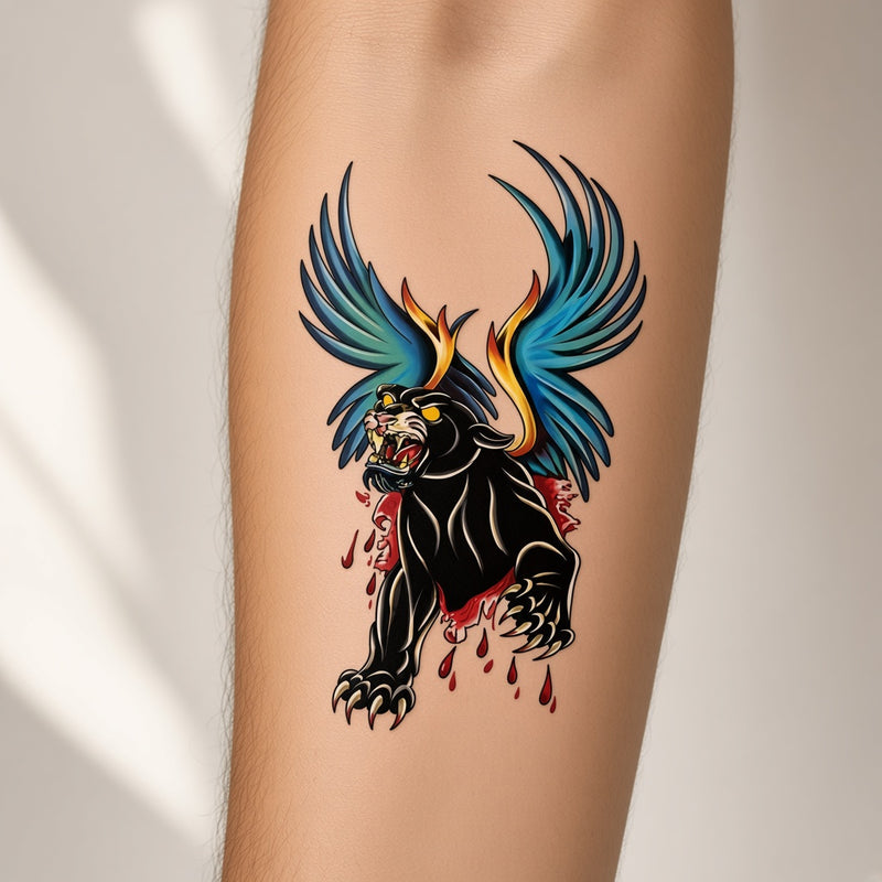 Desert Wing Panther temporary tattoo worn on the inner forearm