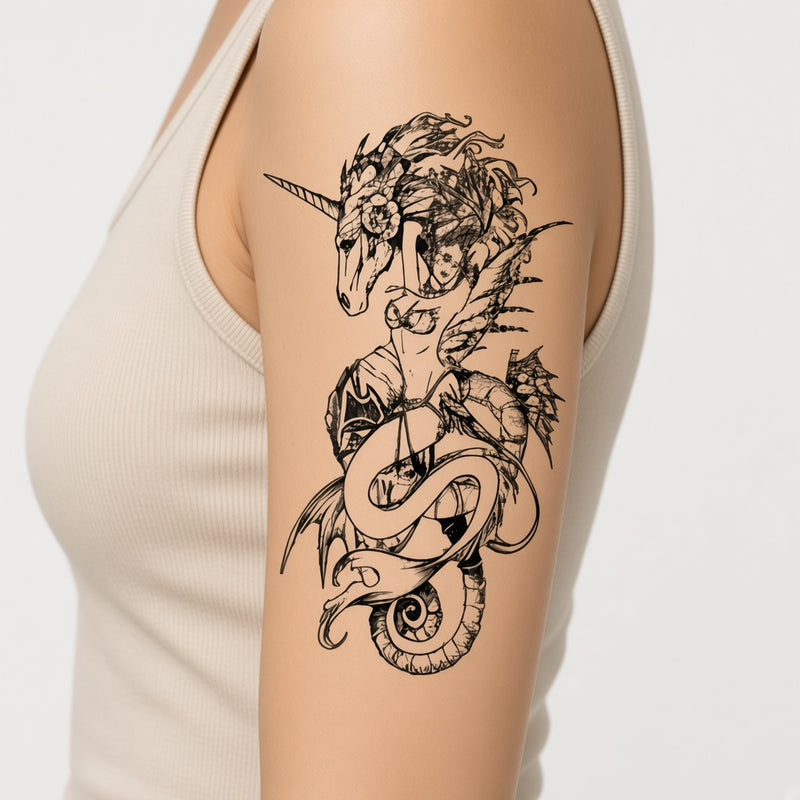 Neon Wisp Unicorn temporary tattoo worn on the outer upper arm