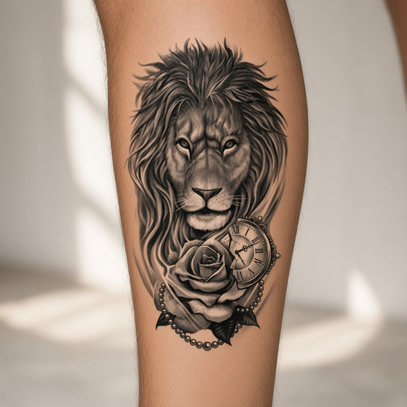Midnight Arc Lion temporary tattoo worn on the outer calf