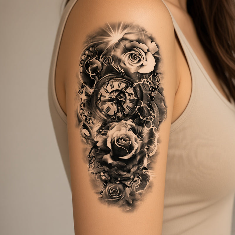 Thorn & Bloom Rose & Clock temporary tattoo worn on the outer upper arm