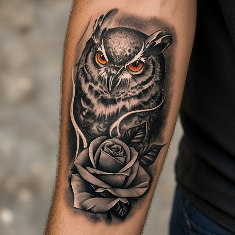 Orange-eyed owl over a rose worn on an outer forearm, black and grey temporary tattoo design