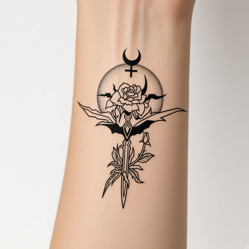 Urban Grove Rose temporary tattoo worn on the inner forearm