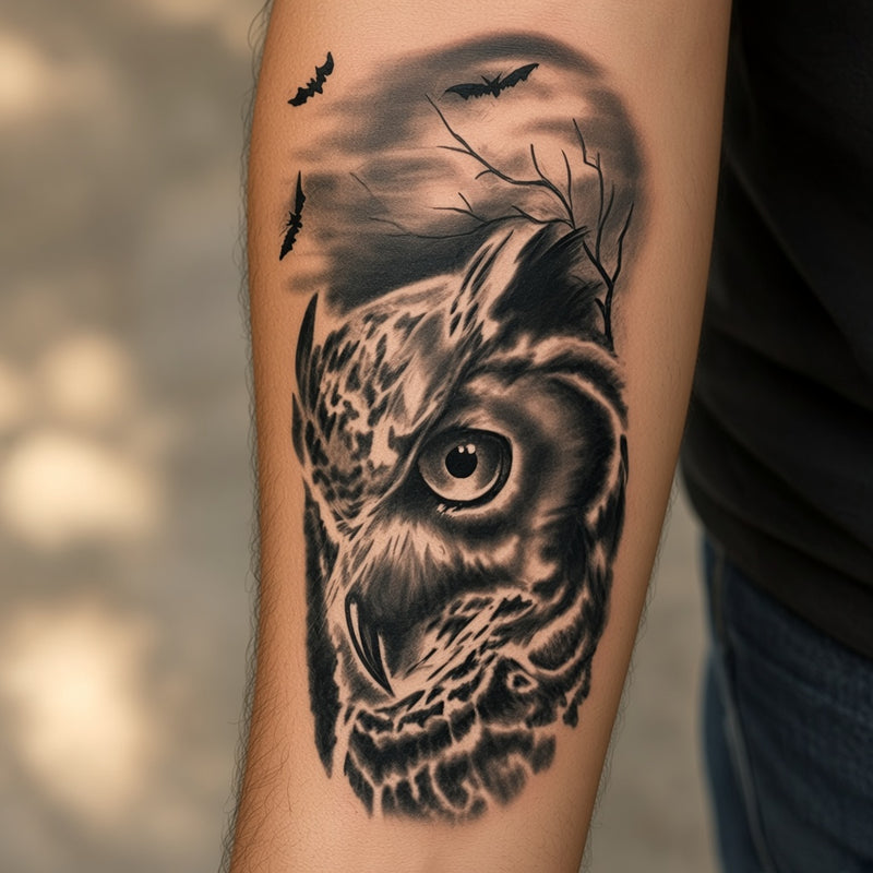Owl close-up with flying bats worn on an outer forearm, black and grey temporary tattoo design