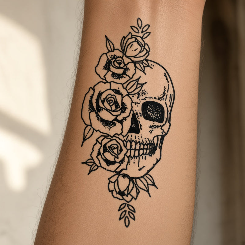 Outline skull with roses worn on an inner forearm, black temporary tattoo design