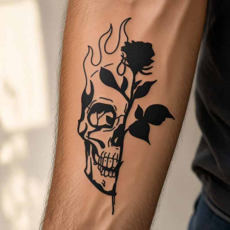 Half skull with a flaming rose worn on an outer forearm, black temporary tattoo design