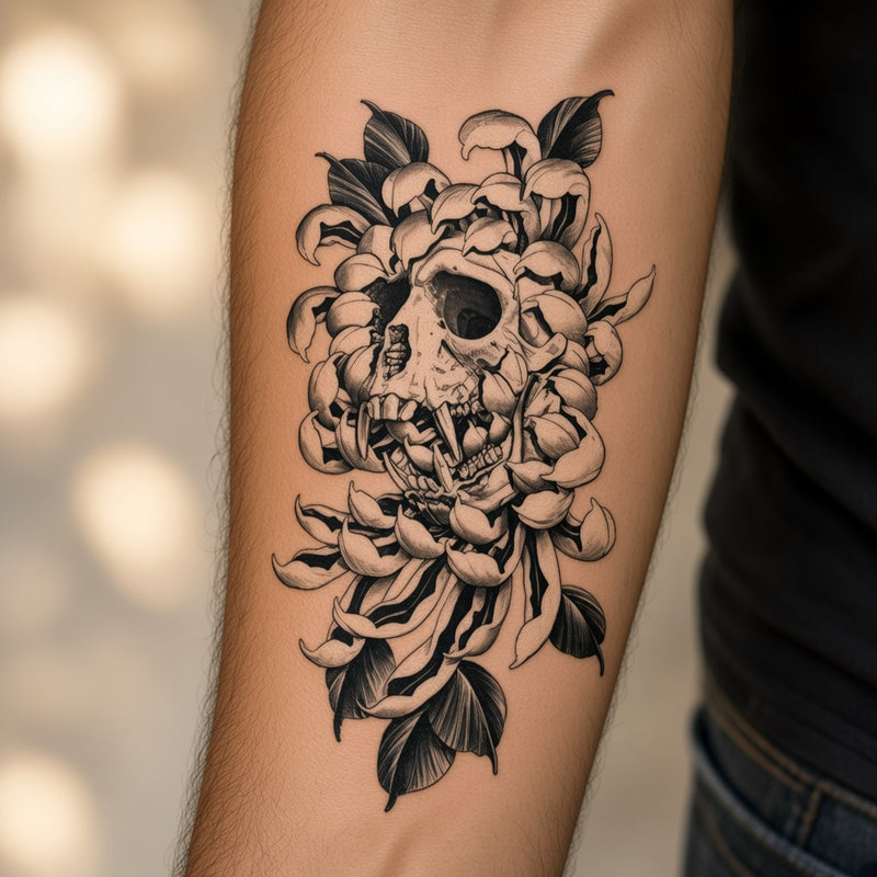 Skull hidden in chrysanthemum petals worn on an outer forearm, black and grey temporary tattoo design