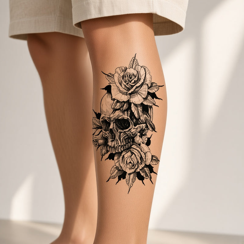 Cinder Ritual Skull & Flower temporary tattoo worn on the outer calf