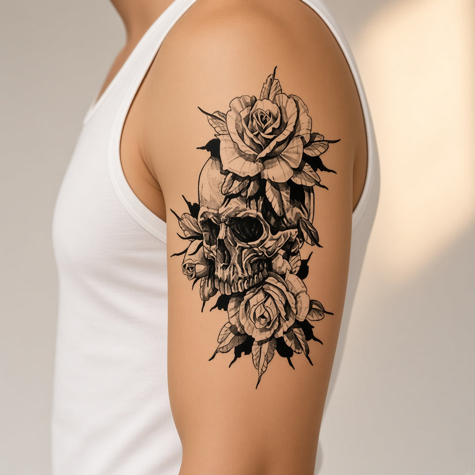 Cinder Ritual Skull & Flower temporary tattoo worn on the outer upper arm