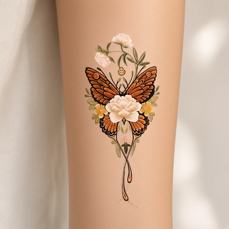 Scarlet Coil Butterfly & Flower temporary tattoo worn on the inner forearm
