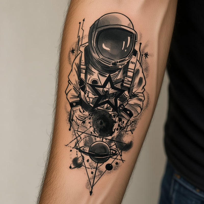 Astronaut with planets and geometric lines worn on an outer forearm, black and grey temporary tattoo design