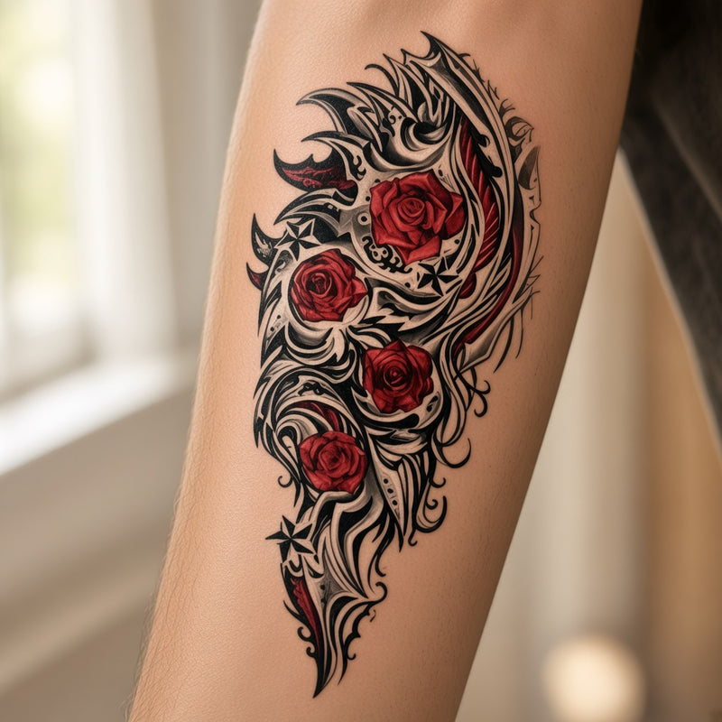Red roses in black tribal swirls worn on a forearm, temporary tattoo design