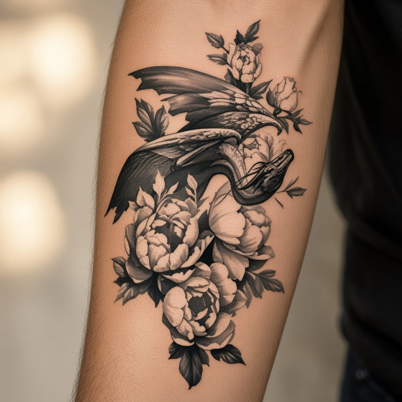 Dragon with peonies worn on an outer forearm, black and grey temporary tattoo design