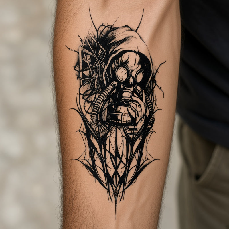 Gas mask figure with tribal spikes worn on an outer forearm, black temporary tattoo design