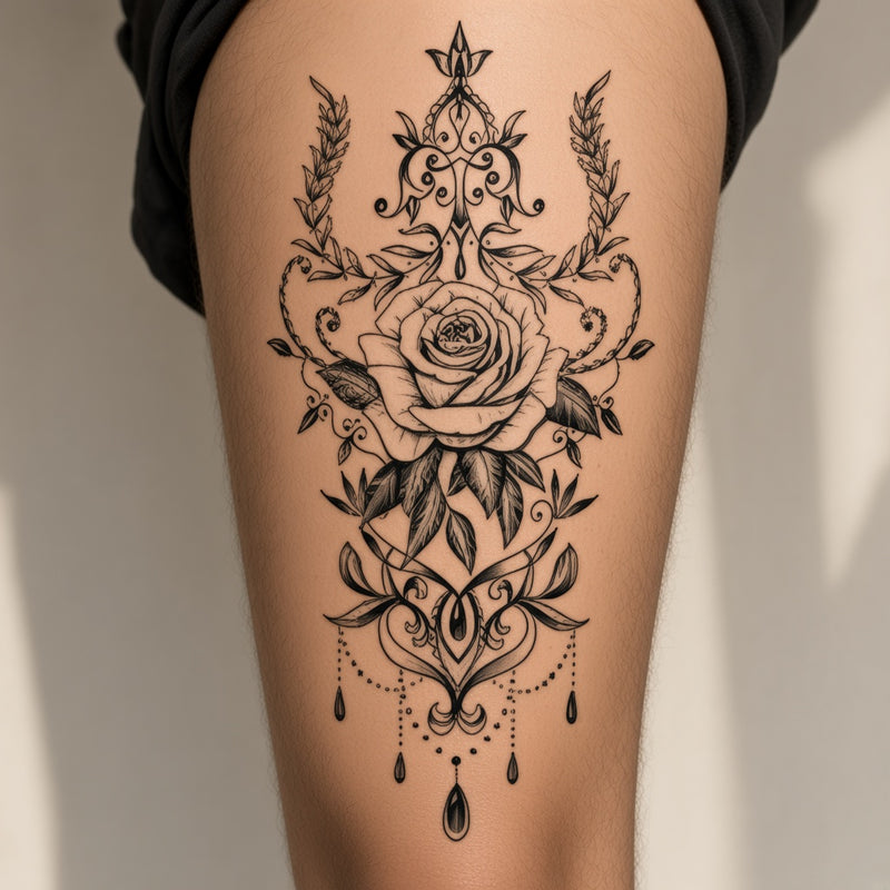 Filigree rose with jewel drops worn on an outer thigh, temporary tattoo design