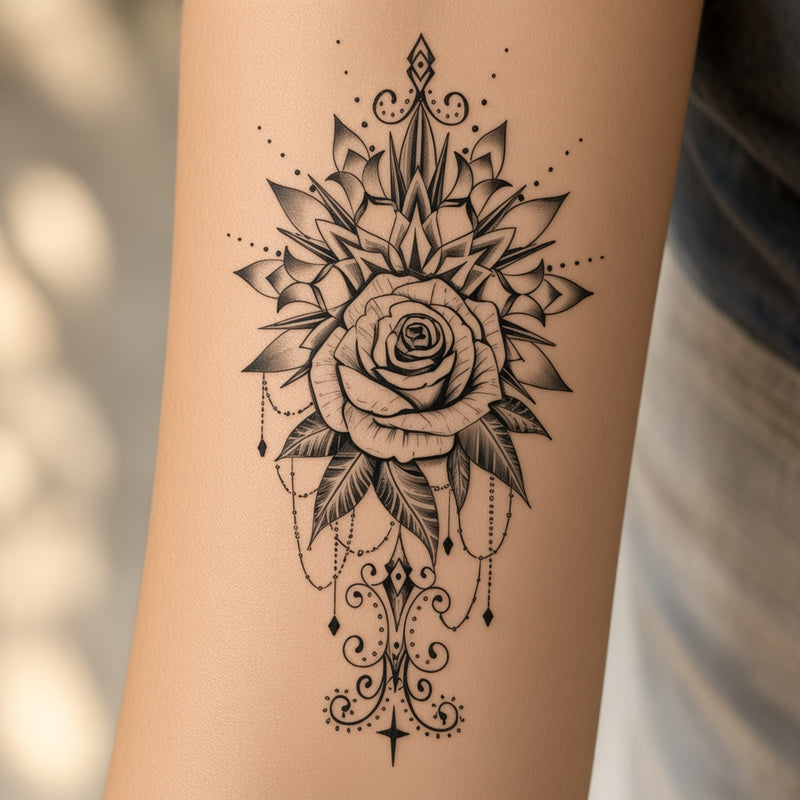 Rose mandala temporary tattoo worn on the forearm