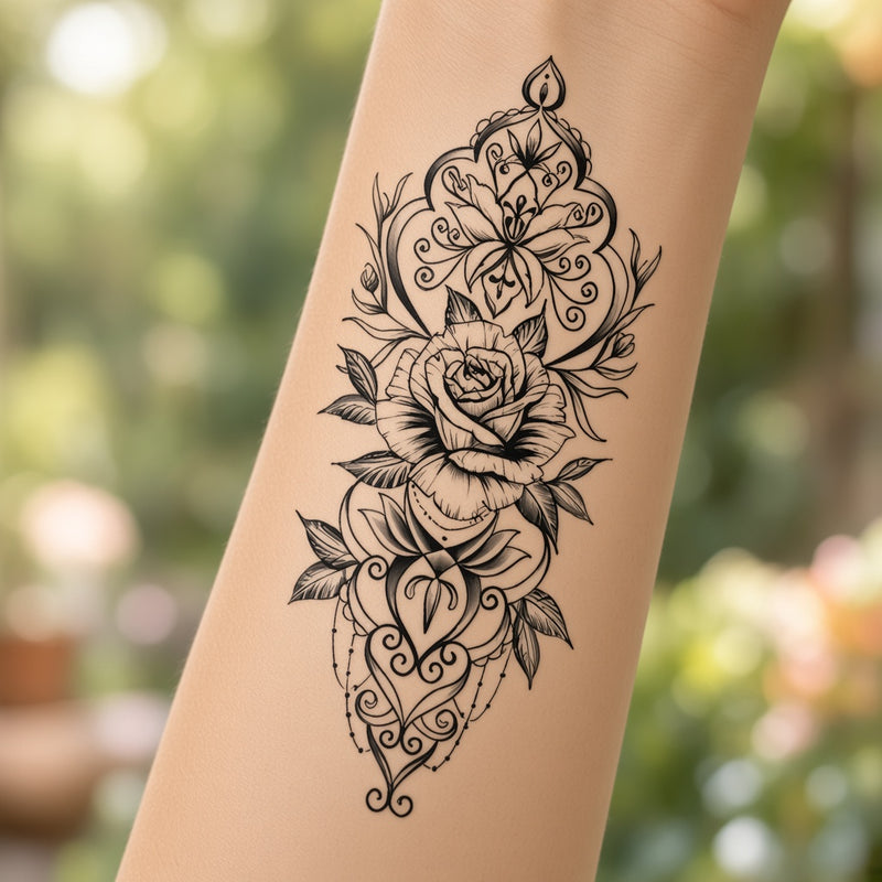 Rose and lace temporary tattoo worn on the forearm