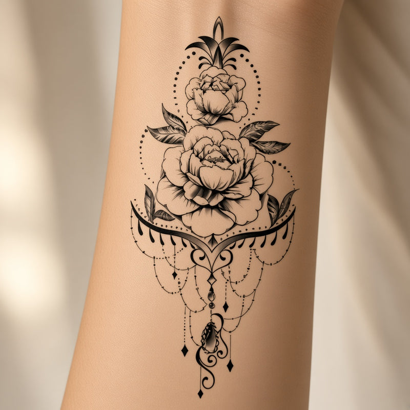 Stacked roses chandelier temporary tattoo worn on the forearm