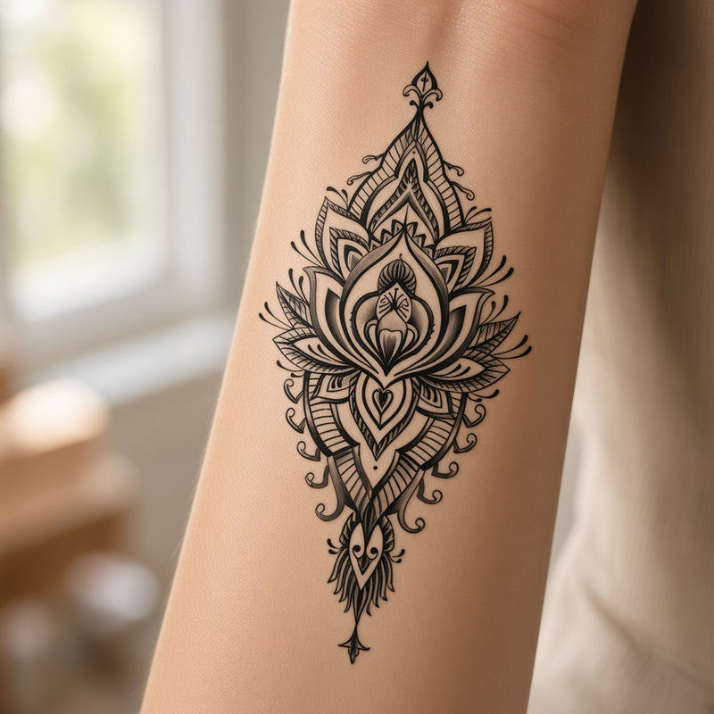 Ornamental lotus filigree temporary tattoo worn on the forearm