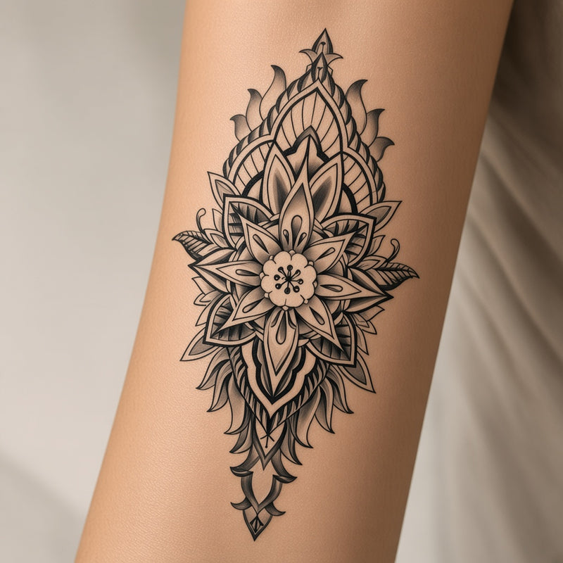 Mandala flower medallion temporary tattoo worn on the forearm