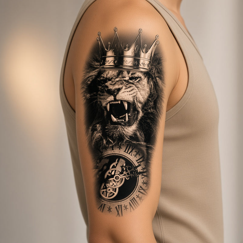 Moonlit Crown Lion temporary tattoo worn on the outer upper arm