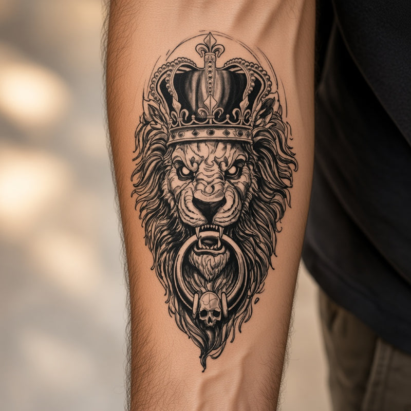 Crowned lion with door knocker temporary tattoo worn on the forearm
