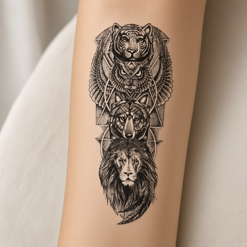 Lunar Haven Lion Tiger Owl & Wolf temporary tattoo worn on the inner forearm