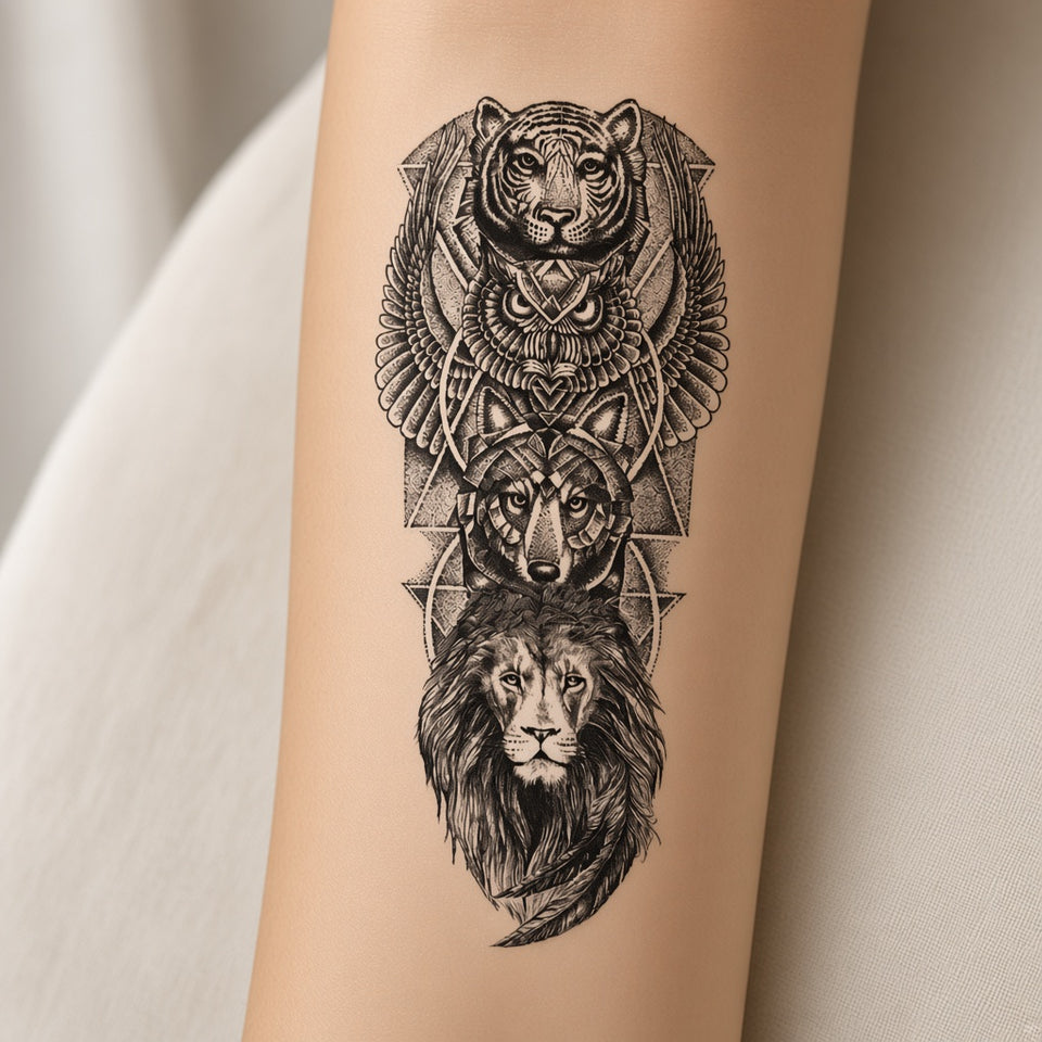 Lunar Haven Lion Tiger Owl & Wolf temporary tattoo worn on the inner forearm