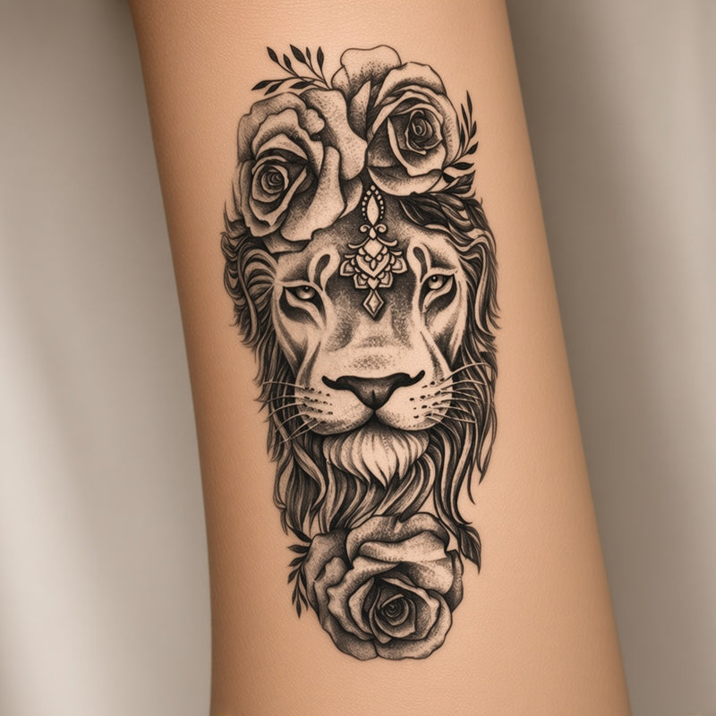 Ember Bloom Lion & Flower temporary tattoo worn on the inner forearm