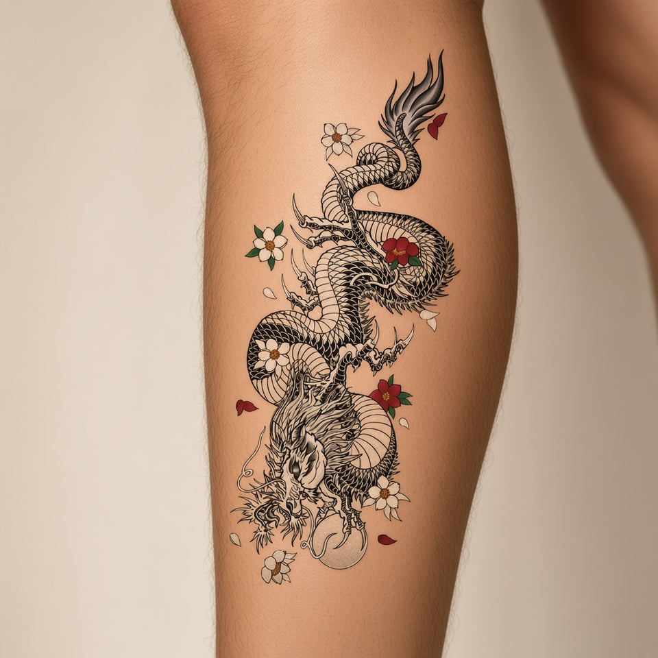 Moonlit Pulse Dragon & Snake & Flower temporary tattoo worn on the outer calf