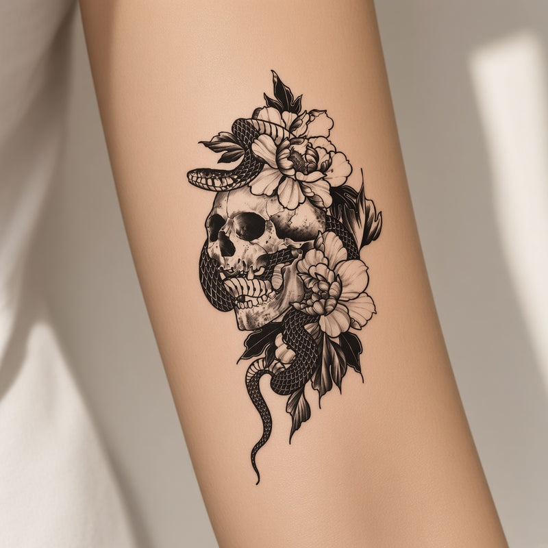 Crimson Noir Snake & Skull & Flower temporary tattoo worn on the inner forearm