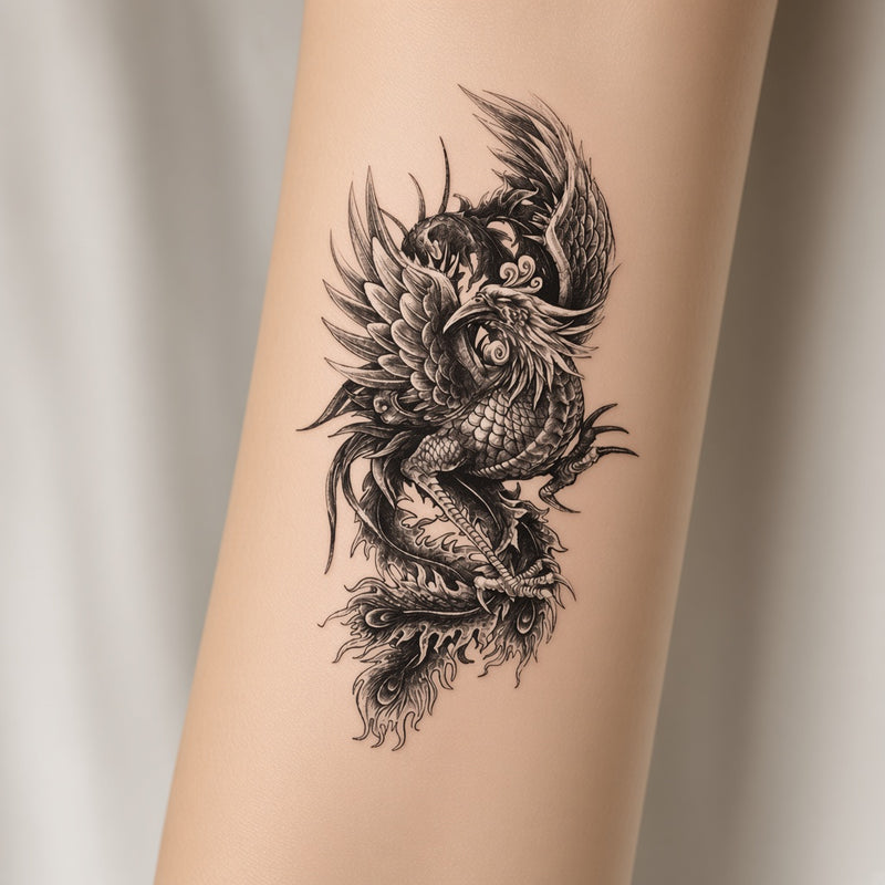 Storm Howl Dragon & Wings temporary tattoo worn on the inner forearm