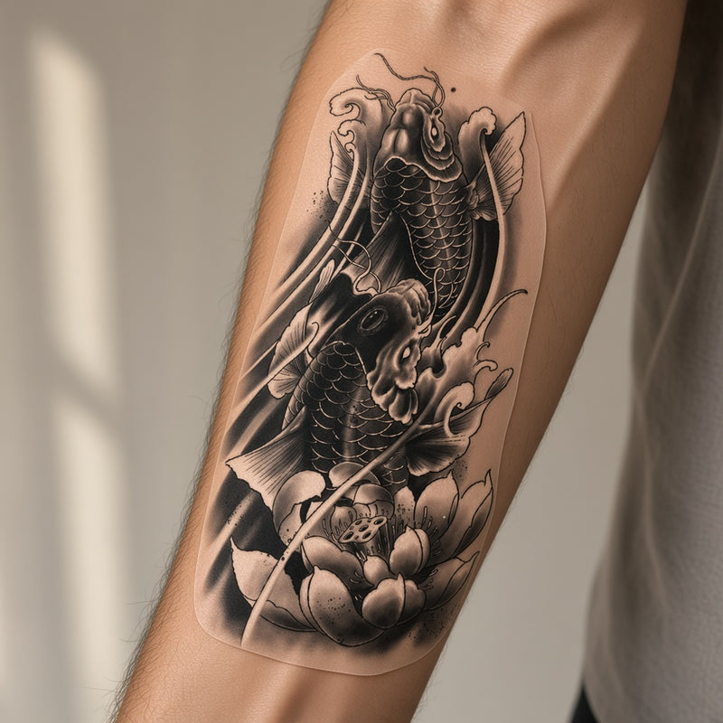 Koi fish above lotus flowers temporary tattoo worn on the forearm