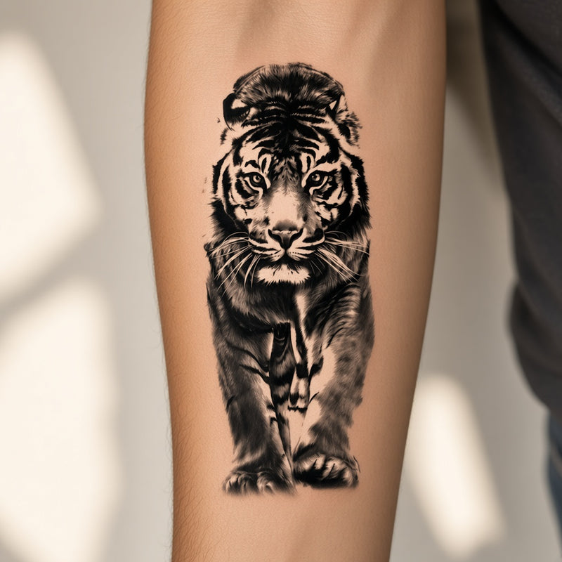 Rose Oath Black & Tiger temporary tattoo worn on the inner forearm