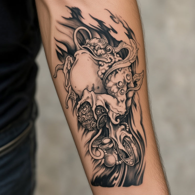 Cherub angels with smoke and clouds temporary tattoo worn on the forearm