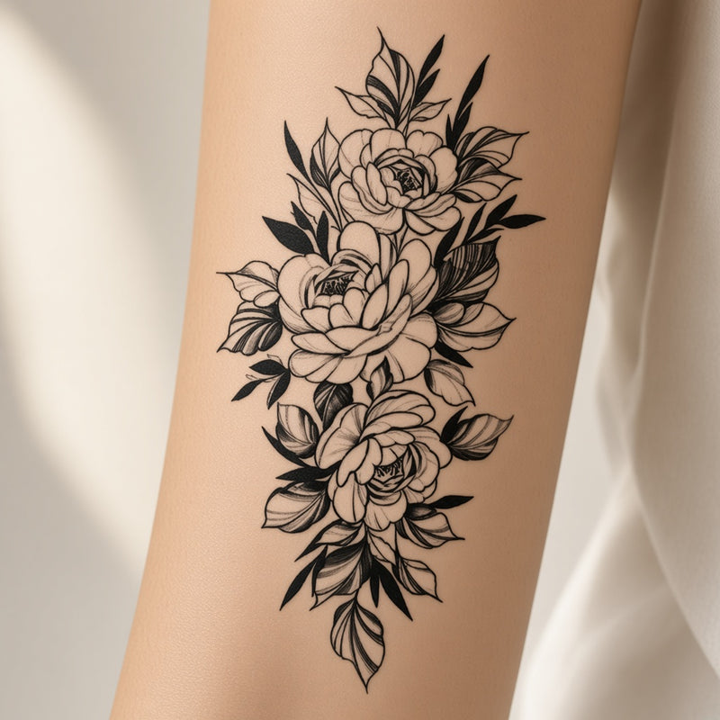 Shaded peony and rose cluster temporary tattoo worn on the forearm