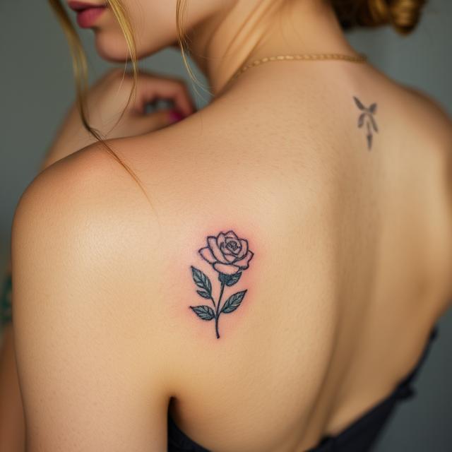 Close-up of a shoulder with a black and white rose fake tattoo, showcasing safe and creative temporary body art for kids and self-expression.
