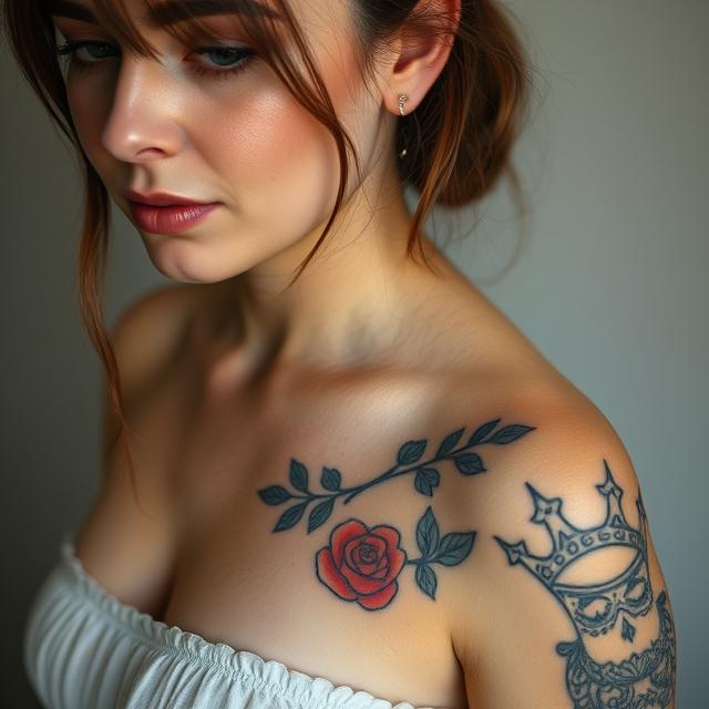 young woman with colorful fake tattoos of a red rose and a skull with crown on shoulder, summer beach style